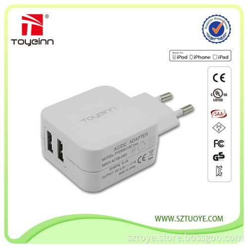 TUV CE LVD EMC Approved Daul USB 5V 2400MA 12W USB Dual Charger Europe